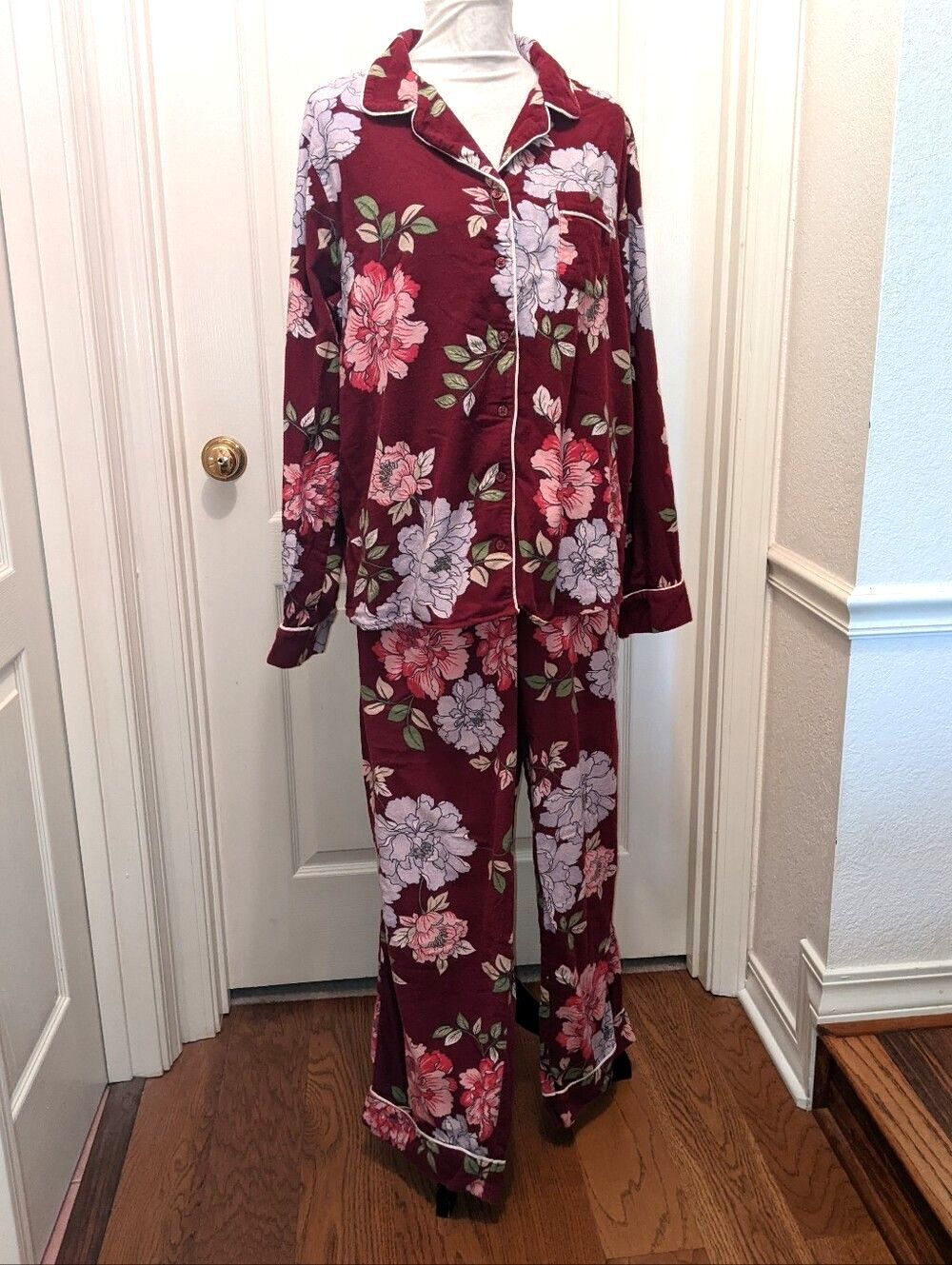 Liz Claiborne Cotton Flannel Pajama Set Shirt Pants Maroon Bright Floral Sz XXLT